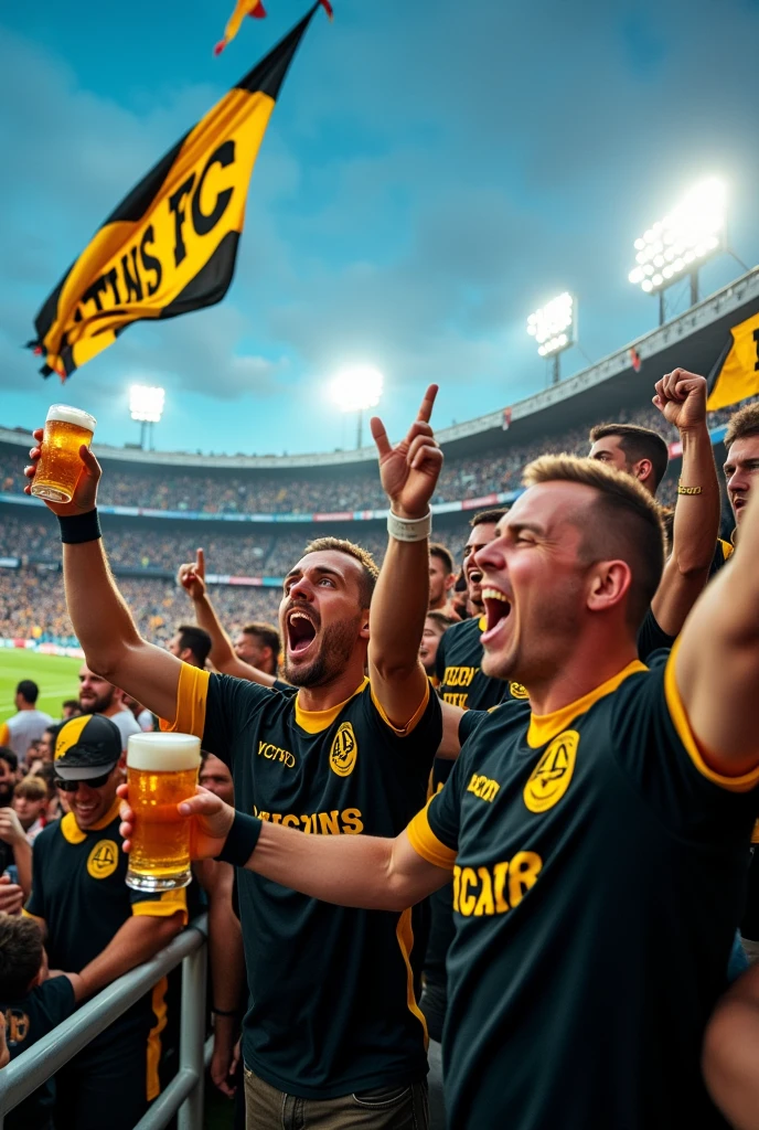 Create an image of a football crowd wearing a uniform in the main color black with yellow details.. The fans are enraged and holding glasses of beer. The uniform must have the words VICTINS FC prominently displayed on the front.. Insert flags and banners with VICTINS FC written on them.