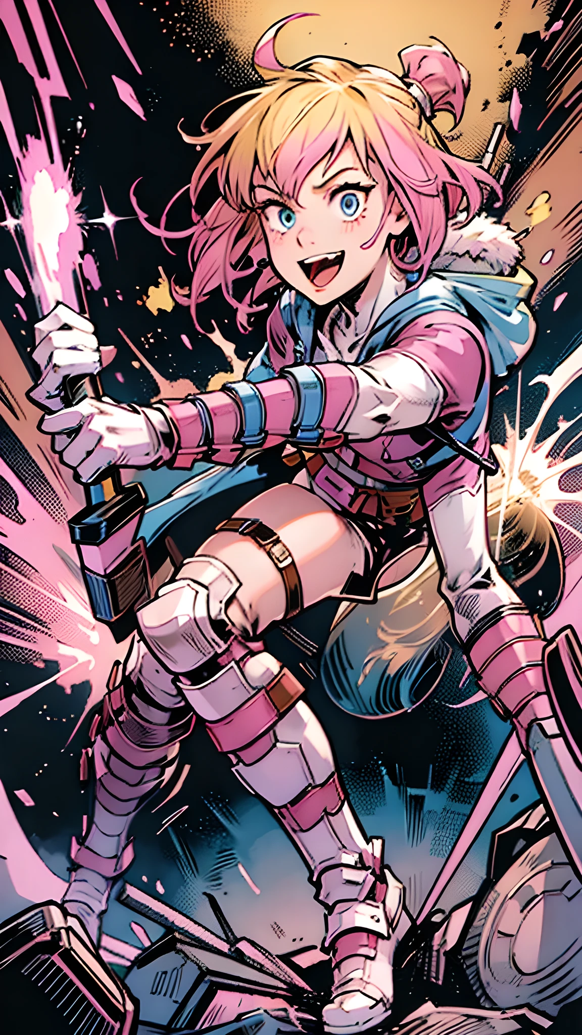 gwenpool, 1 girl, weapon, blonde hair with pink tips, multicolor fur, Alone, blue eyes, sword, if, smile, face mask, superhero, short hair, ombre hair, open mouth, belt, if, Exploding Background, two tone hair, pink hair, old, tailored suit, animation, gloves, belt if, looking at the viewer, leotard, camel toe, full body, kiss camera, throw, comic strip