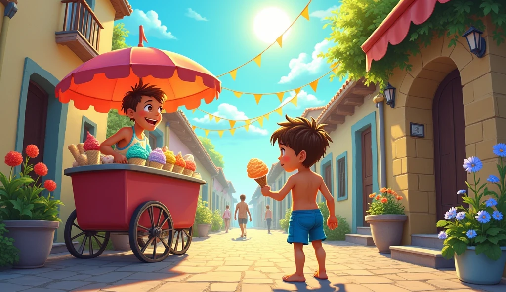 A and a little buy ice cream from ice cream man in very hot day in a village