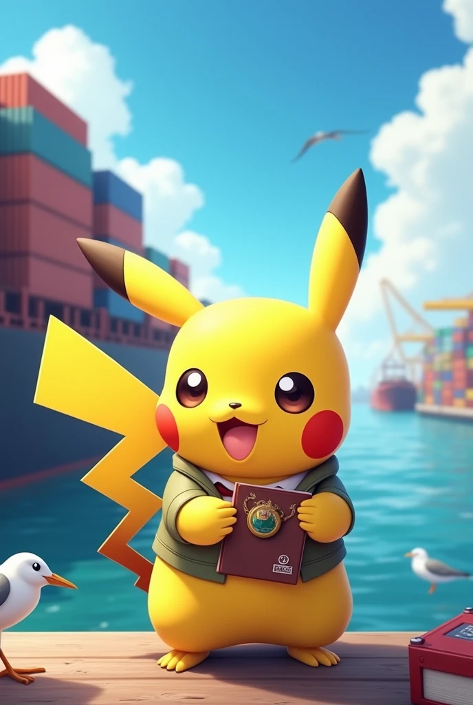 Draw Pikachu in a port, acting as a customs agent