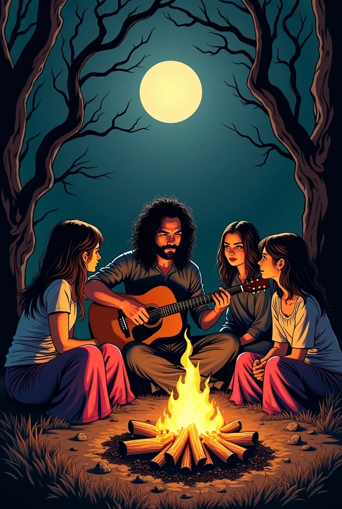 dark cartoon sin city style of charles manson playing acoustic guitar around a fire with his followers (mostly young girls in seventies clothes)