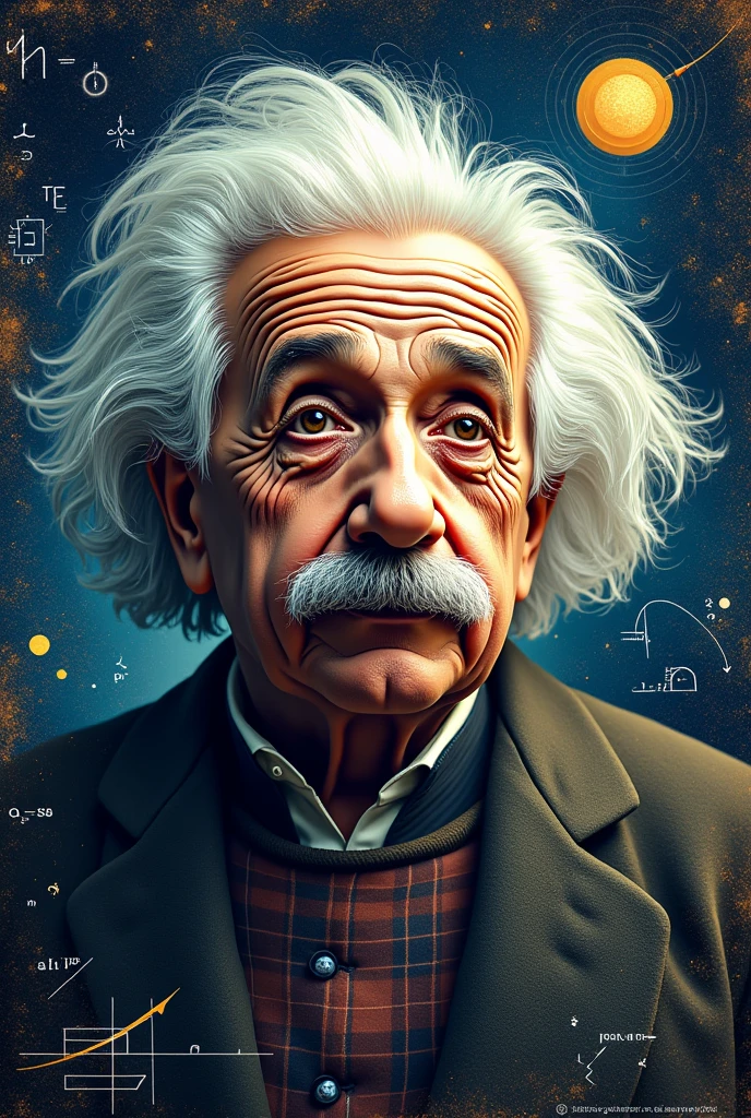 Picture of Einstein with back ground showing his science work and theory of relativity illustrated with fine colours and having the look of physics.