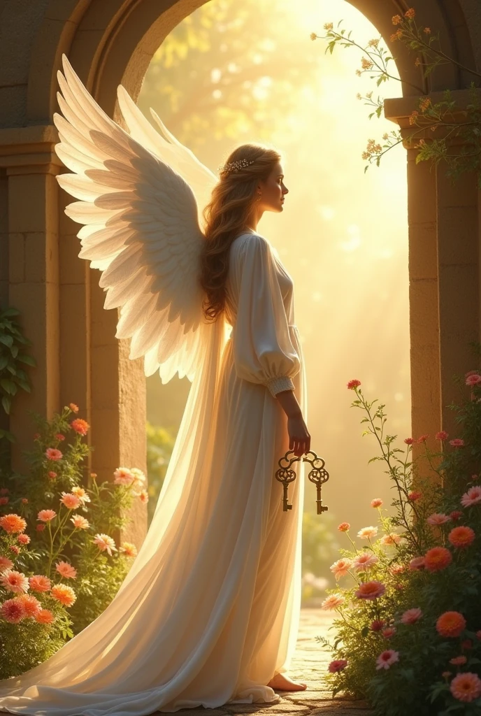 A serene angel standing by the gates of paradise, holding the keys to the radiant, welcoming entrance."