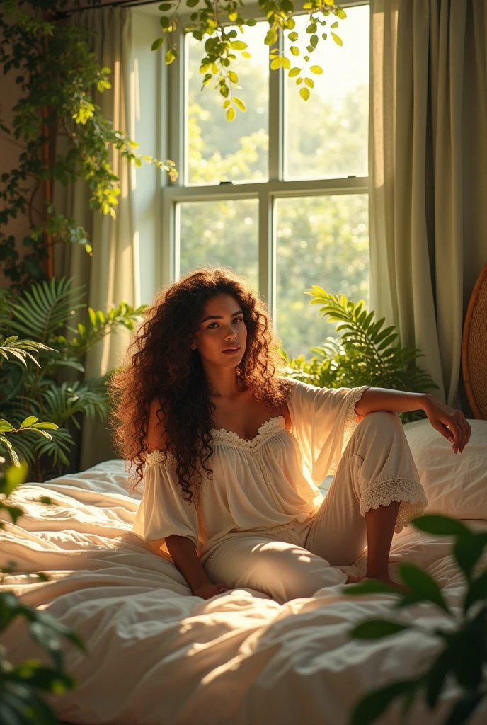 (photorealism:1.2), beautiful woman, sitting on bed, wearing loose off-shoulder top, pajama pants, long curly hair, indoors, soft lighting, plants in background, window with sunlight, cozy room, relaxed pose, realistic, intricate details, warm colors, by Greg Rutkowski, by Alphonse Mucha