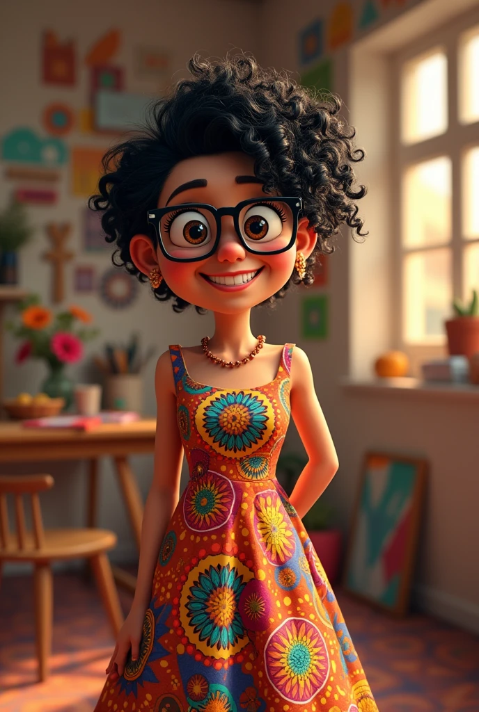 3D poster inspired by Pixar capturing a scene with a 55-year-old woman, medium and square black glasses, light brunette, long eyelashes, small and chubby nose, wrinkle between the eyebrows, arched eyebrows, square chin, overweight, chubby, a little belly, slightly full lips, full breasts, smiling, black hair, very black and full of curls, and short on the side, all curly hair, full of curls, shaved nape and long bangs on the side with curls, very long with curls, with an asymmetrical pixie haircut in which one side is very short and the left side is longer, long, wide and colorful dress with geometries, atelier with mandalas, a beautiful mole on the upper lip, between the nose and the mouth