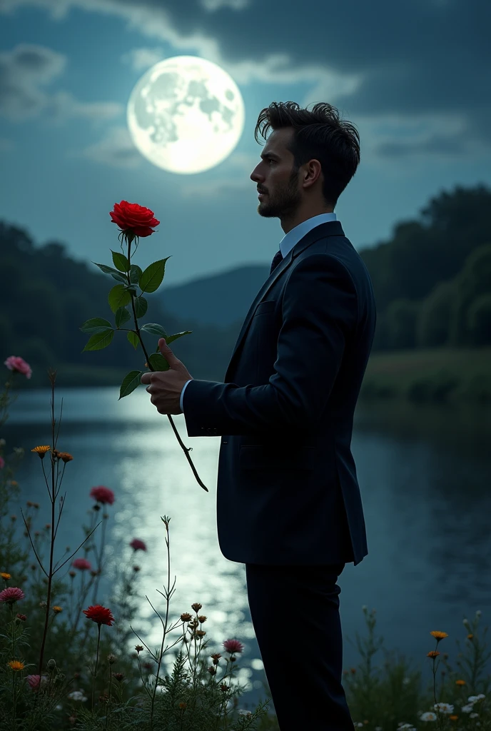 A handsome man is waiting for his wife with rose on his hand beside a river in a full moon night.