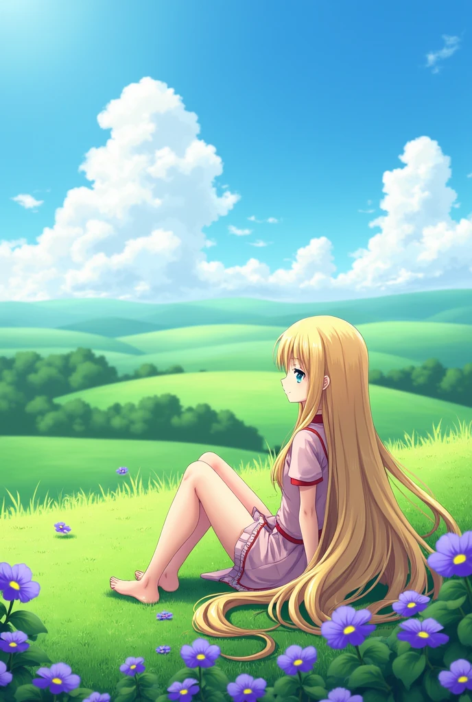 Create an image of a female anime character with blonde hair sitting on the grass, seen from the back, with purple flowers around and with a beautiful landscape around