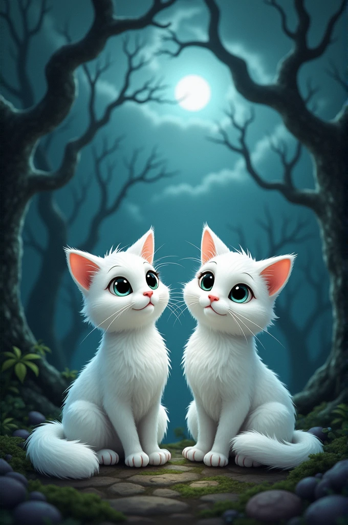 A beautiful forest background with dark clouds above, with the title "The Adventure of Snowy and Cloud in the Haunted Forest" written in spooky but cute font. Snowy and Cloud, two fluffy white cats, are sitting on either side of the title, looking curious 3d animation Disney inspired 