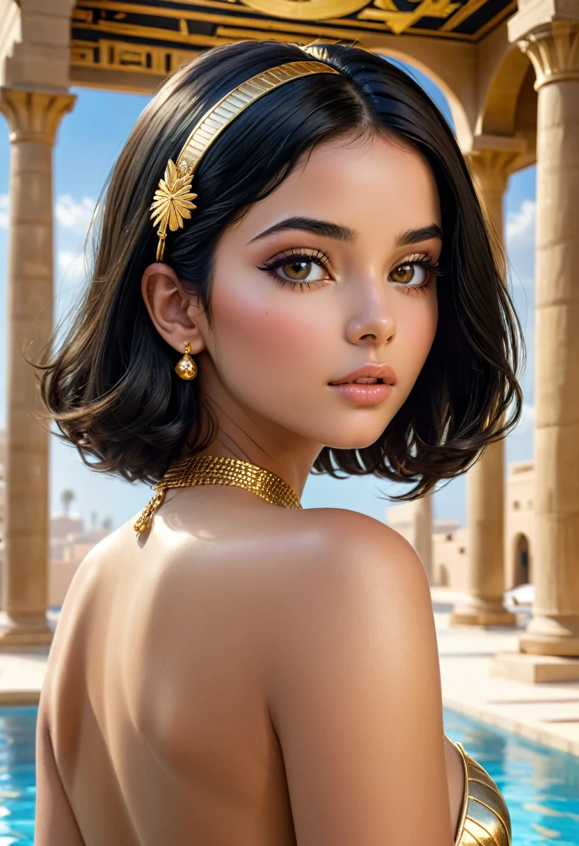 1girl, Egyptian princess, (masterpiece:1.3), (8k, photorealistic, RAW photo, best quality: 1.4), (1girl), beautiful face, (realistic face), (black hair, short hair:1.3), beautiful hairstyle, realistic eyes, beautiful detailed eyes, , cute, young, slim, gold jewelry, nude, shiny skin, princess's chambers, canopy, sky, pool, back view, looking back, closeup, from below, low angle,, naughty_face, blush, parted lips, half-closed_eyes, ExpressiveH