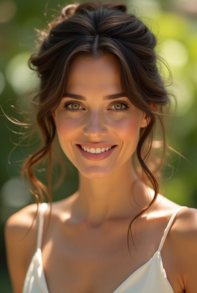 Produces a high-resolution image that portrays a beautiful  brunette woman in her 40s, with her hair up and silky. It highlights a woman in an environment where natural light enhances her features, providing her with a subtle glow. It captures her charming and confident expression, emphasizing her elegance and unique style. It uses lighting to highlight the details of the curls, highlighting the texture and movement of the hair moved by the wind, creating an atmosphere of beauty and sophistication that conveys a cinematic air to the scene, 8k hdr.