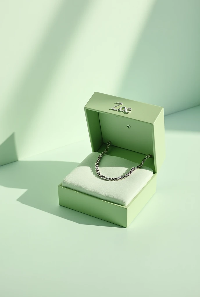 Create a plain, open earring box in pastel pistachio green with a chain inside and the name ZOE in a serif font.