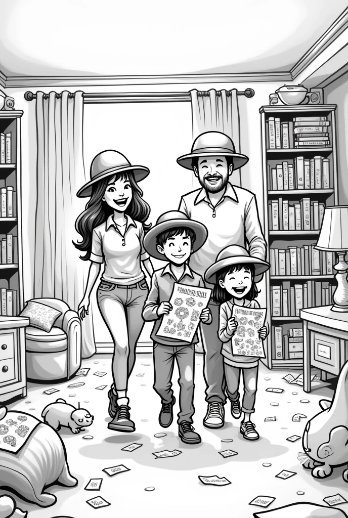 I want a black and white coloring cartoon representing a treasure hunt at home done by parents and their children on a fun day. 