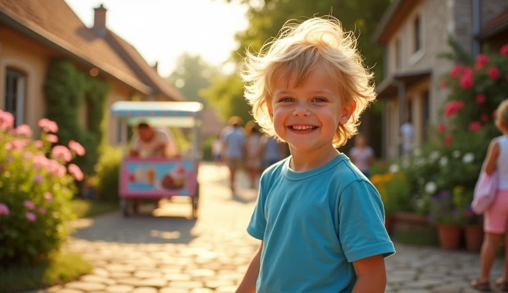 A and a little buy ice cream from ice cream man in very hot day in a village