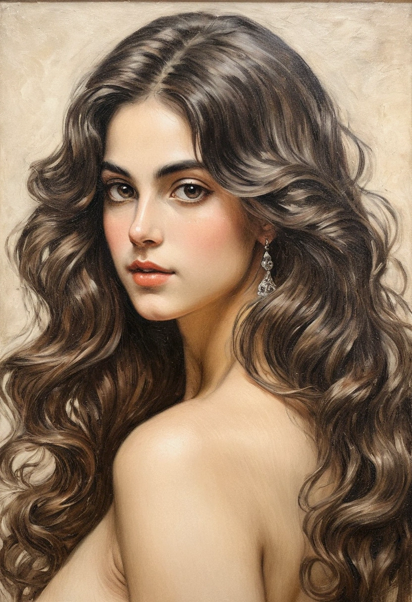 A delicate oil painting depicting a naked Persian. Her elegant features are emphasizing her almond-shaped eyes and intricate, The drawing captures her poised posture, . Her long, flowing hair is styled in soft, elaborate waves, 