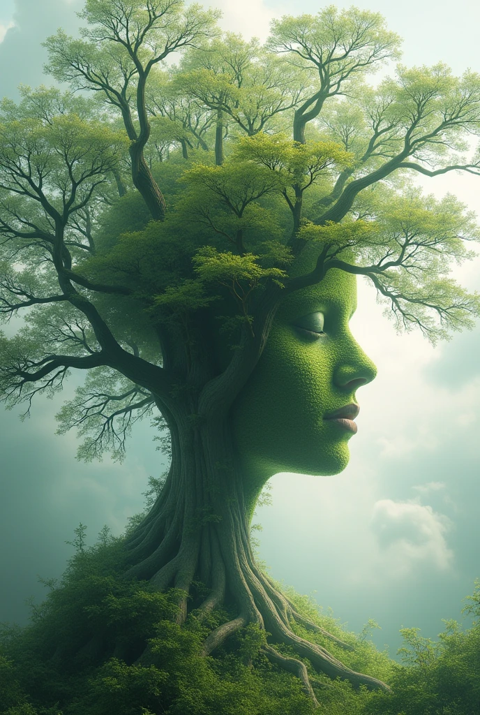 creating an optical illusion of a transparent face hidden within the landscape of trees and clouds,The face is not very visible,He's like a shadow because he's formed from foliage