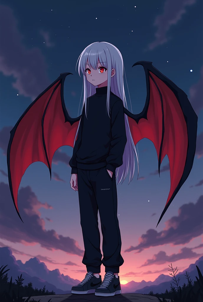 Kizuro is a young boy with a thin and slender body., 1,75 tall, Eyes red, pale skin, long white hair that reaches more than halfway down her back, with strands on each side of the head. Your hair parts into a fringe that covers one of your eyes, more precisely, the left eye. He wears a long-sleeved black shirt with a high neck, a black sweatshirt over a shirt, black sweatpants and black sneakers with dark gray soles. Kizuro has black bat wings with red interior on the sides and an extremely feminine face..