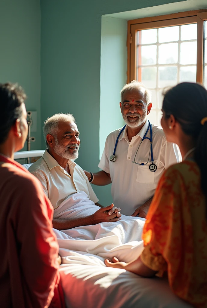**Scene 5: Raju’s Recovery**
Depict Raju sitting up in bed, looking healthier, with Dr. Sudhir wearing white colour apron and stethoscope,and his family around him, all smiling in relief. The background shows the new clinic being completed, symbolizing the village’s progress.