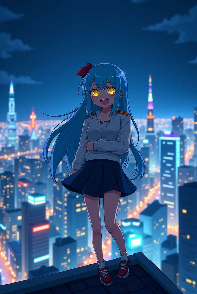 Screenshot of my hero academia.
Girl with light blue hair, Her hair is long, reaching her waist., It has a fringe. His eyes are yellow. White skin.
She has a big smile on her face and is standing on the rooftop of a building overlooking the city of Tokyo at night..