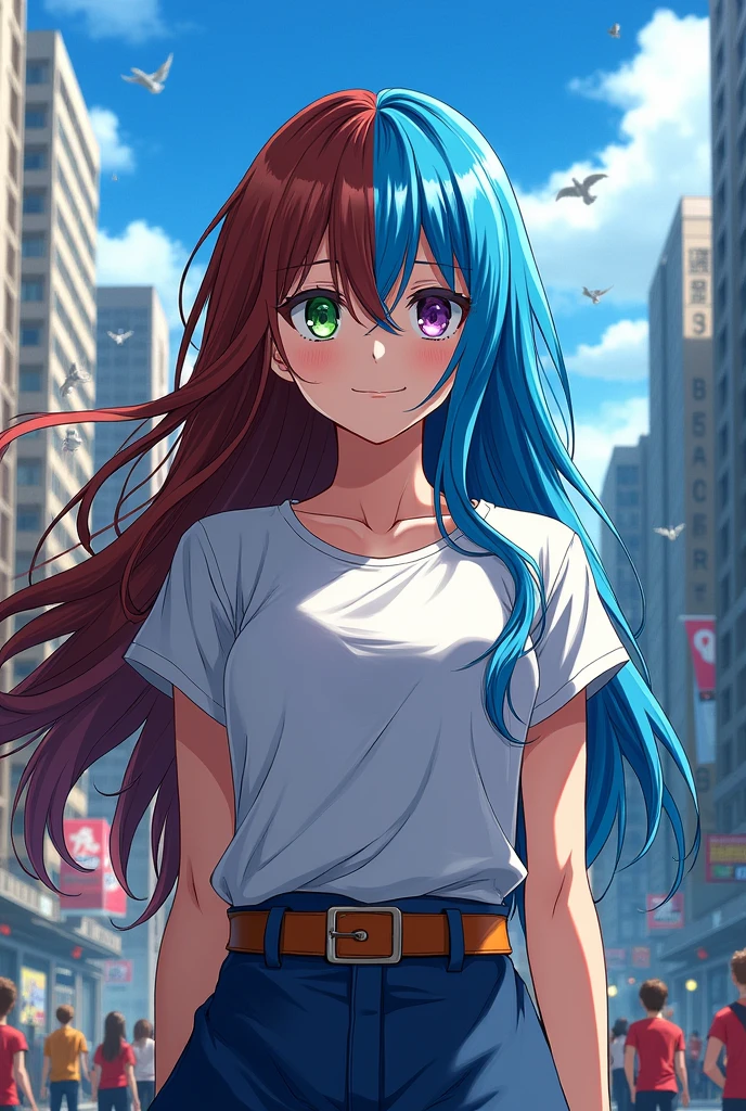 My hero academia, girl with half brown hair half blue hair, one green eye and one purple eye, long hair, pale skin, horikoshi art style, boku no hero academia