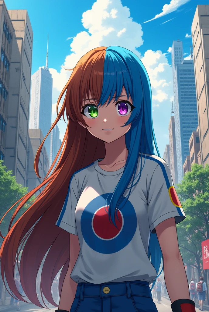 My hero academia, girl with half brown hair half blue hair, one green eye and one purple eye, long hair, pale skin, horikoshi art style, boku no hero academia