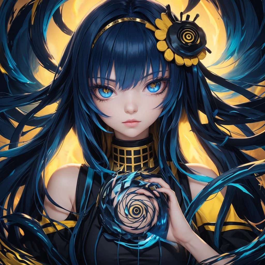 Dark blue hair, yellow eyes, pretty girl, aura, bool fire blue hair