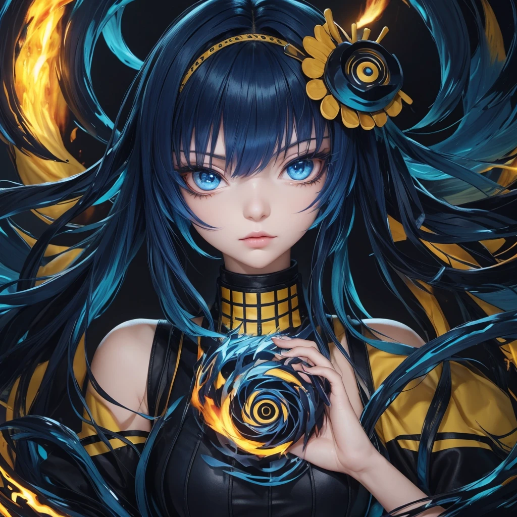 Dark blue hair, yellow eyes, pretty girl, aura, bool fire blue hair
