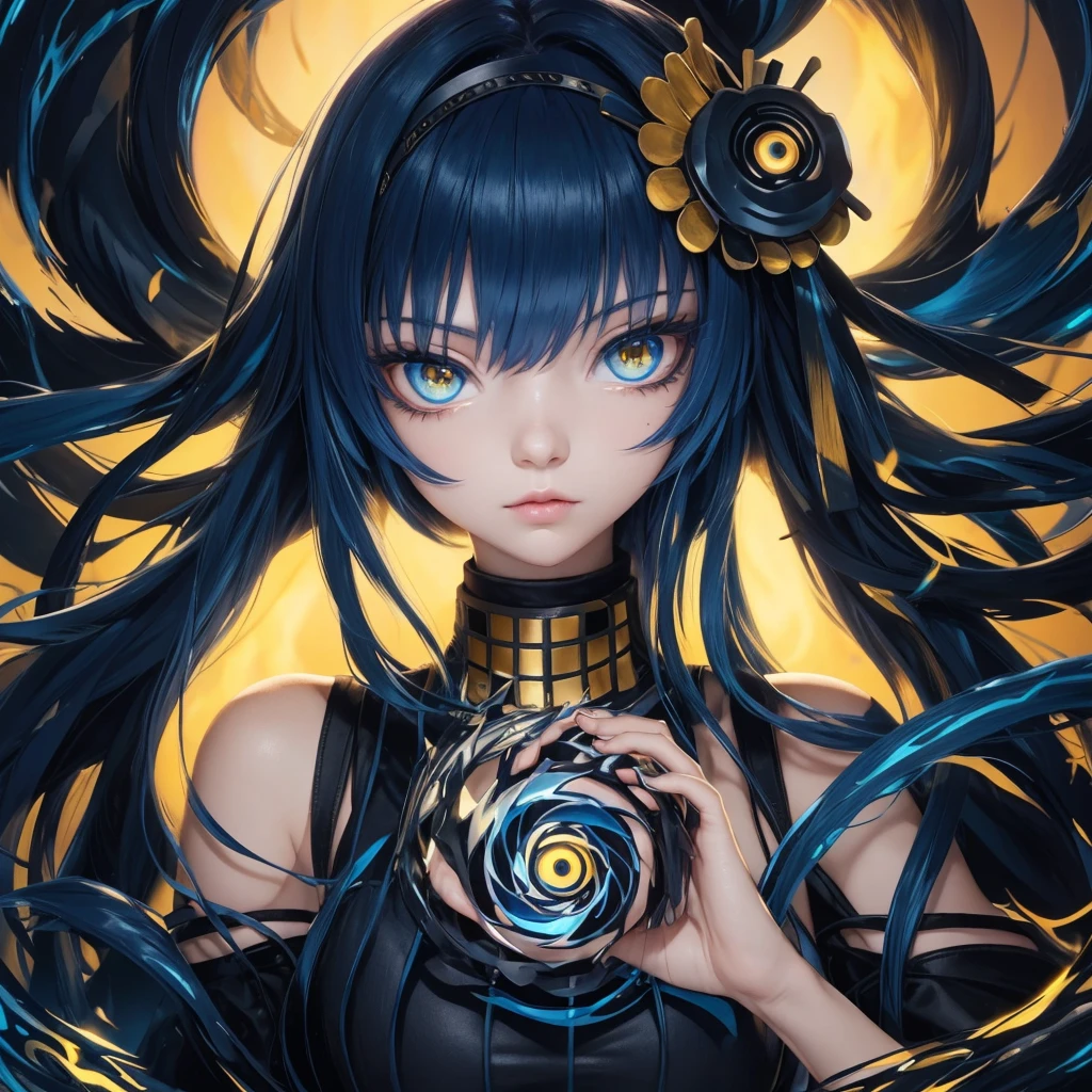 Dark blue hair, yellow eyes, pretty girl, aura, bool fire blue hair