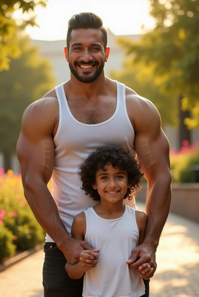 Ram Caucasian, MALE, Adult, Slicked back Black Hair, Black eye color, white see through vest, smiling, Muscular build Ram, Caucasian, MALE, Adult, Slicked back Black Hair, Black eye color, Muscular build, with a kind expression, asks holding wrists of Ajay, Caucasian, MALE, ager, Curly Dark Brown Hair, Brown eye color, The character has curly hair’s name and age from back