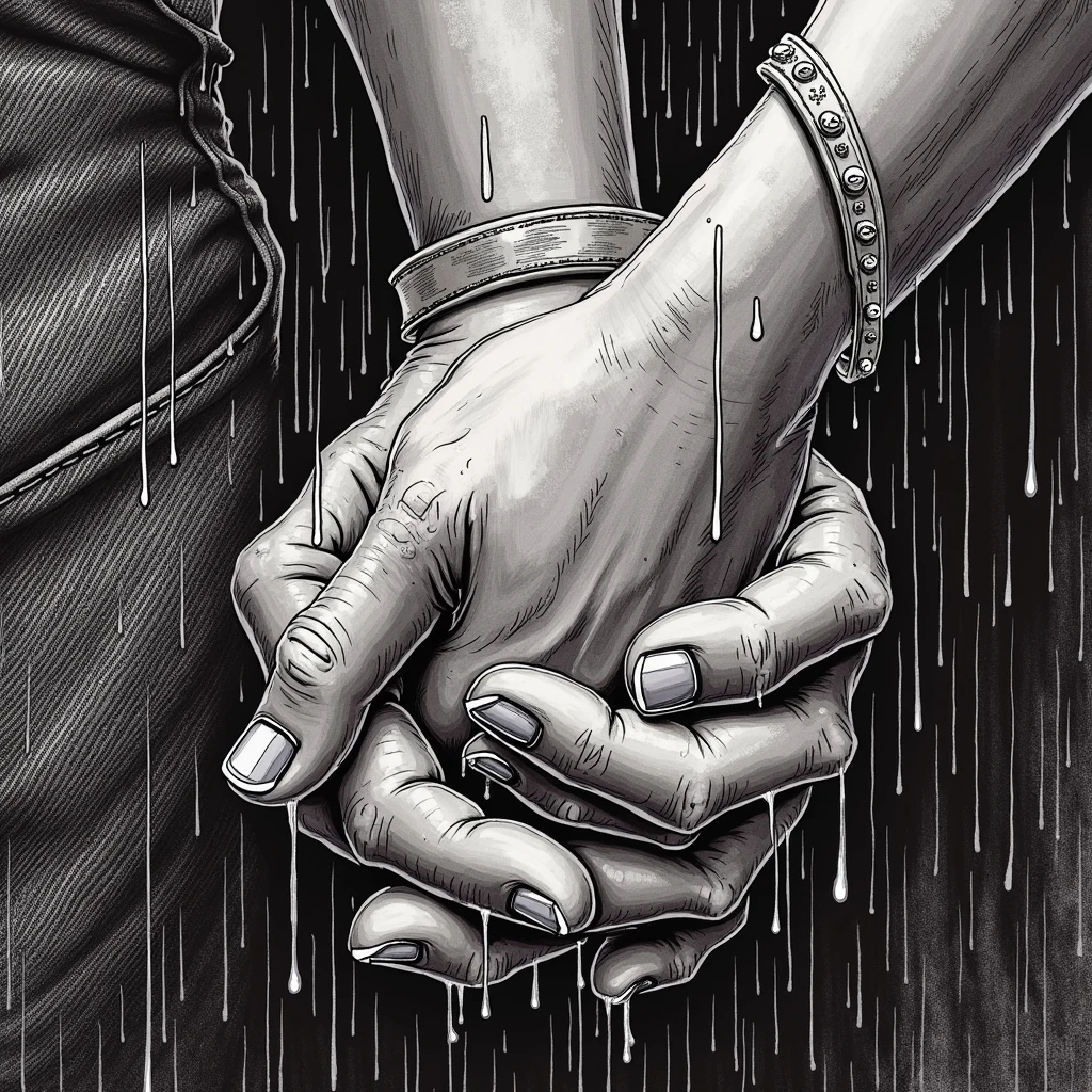 illustrate close up of Popeye and Olive Oyl's hands, clasped lovingly together, A black and white world, Popeye holding the hands of the love of his life Olive Oyl, each drop of rain unleashes a ripple of color, bringing color to this otherise mundane world, color reverberating out from each raindrop as it makes contact with the ground, sublte coloring to enrich the black and white image, rich color grading, sense of depth, shading and shadows