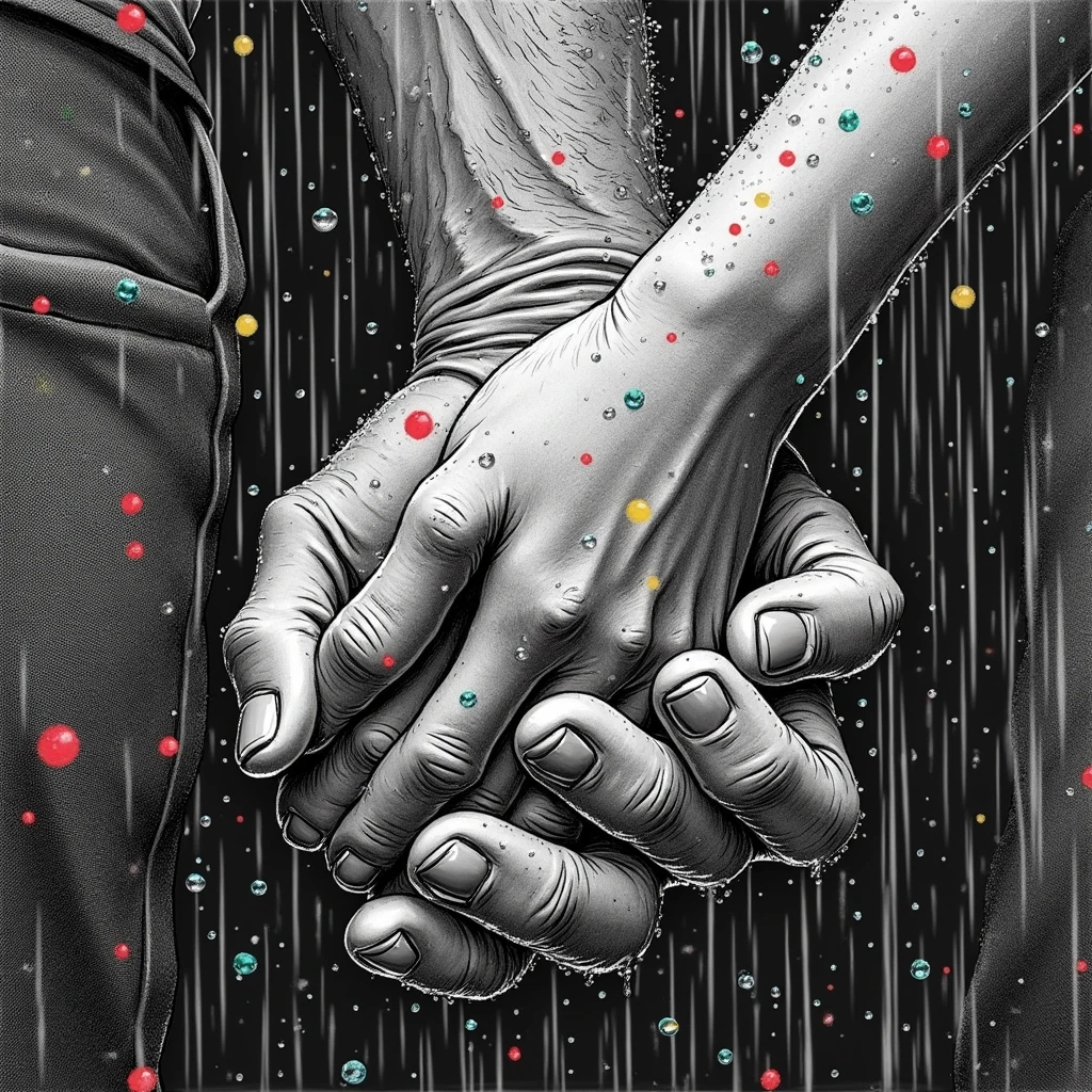 illustrate close up of Popeye and Olive Oyl's hands, clasped lovingly together, A black and white world, Popeye holding the hands of the love of his life Olive Oyl, each drop of rain unleashes a ripple of color, bringing color to this otherise mundane world, color reverberating out from each raindrop as it makes contact with the ground, sublte coloring to enrich the black and white image, rich color grading, sense of depth, shading and shadows