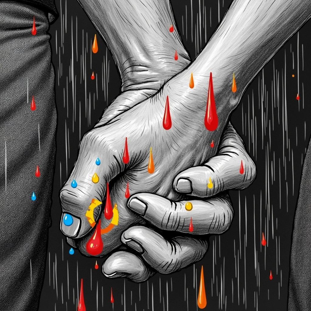 illustrate close up of Popeye and Olive Oyl's hands, clasped lovingly together, A black and white world, Popeye holding the hands of the love of his life Olive Oyl, each drop of rain unleashes a ripple of color, bringing color to this otherise mundane world, color reverberating out from each raindrop as it makes contact with the ground, sublte coloring to enrich the black and white image, rich color grading, sense of depth, shading and shadows