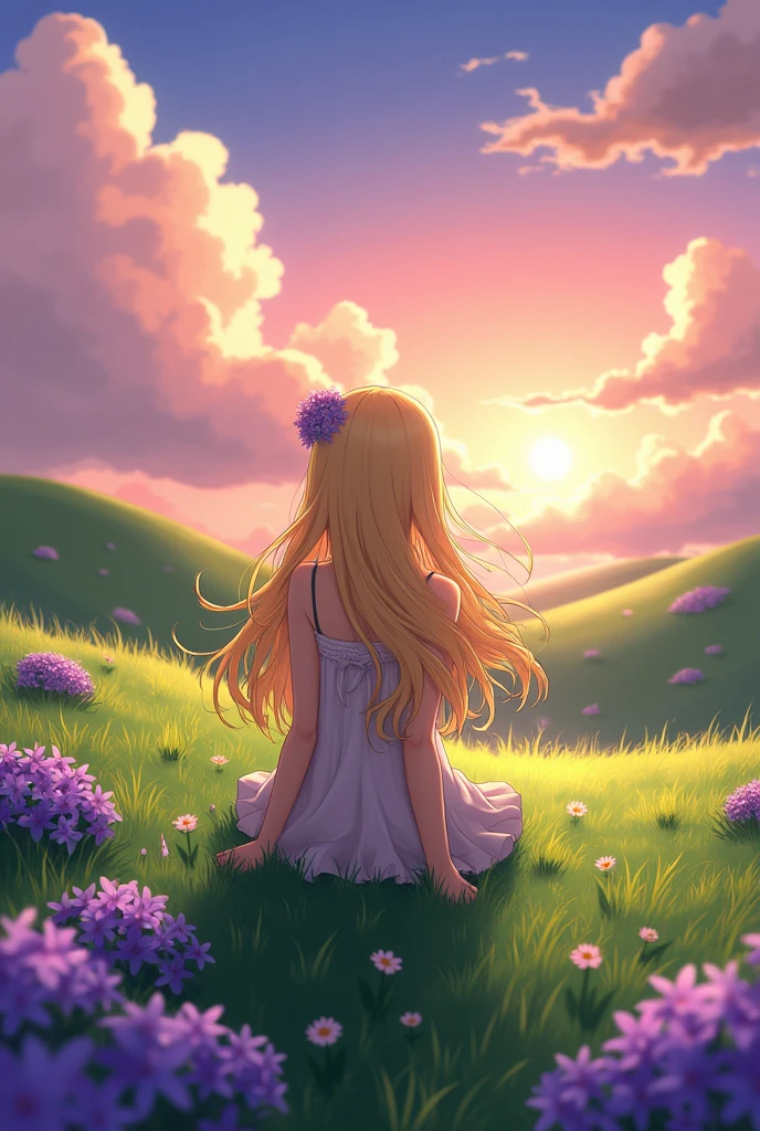 Create an image of a female anime character with blonde hair sitting on the grass, seen from the back, with purple flowers around and with a beautiful landscape around