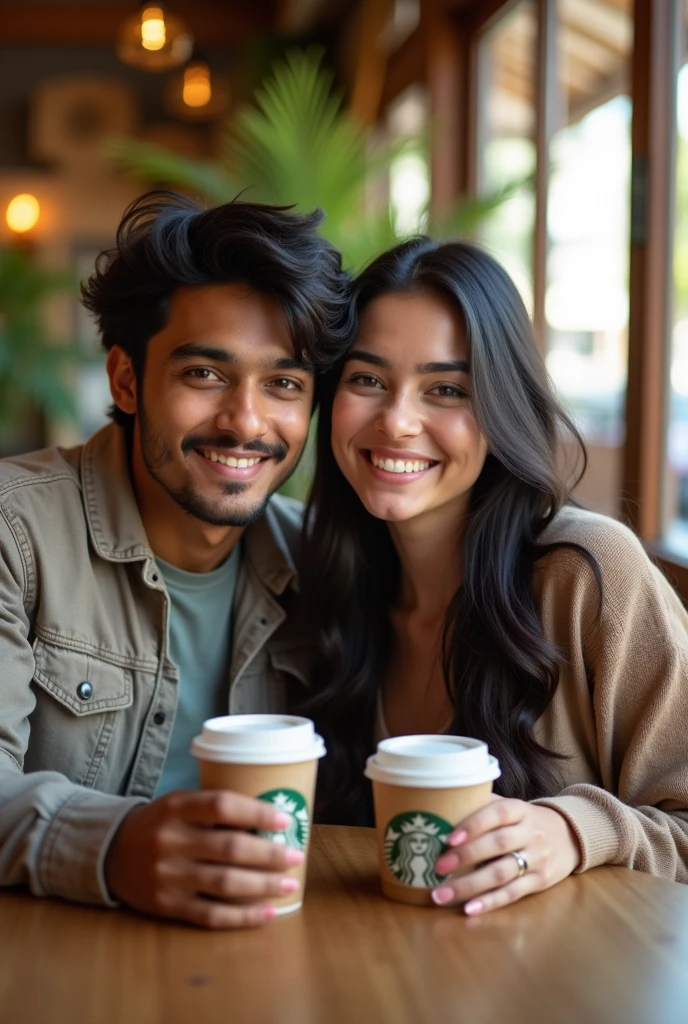 A 21 years old indian boy name  with medium long hair and seating with his 20 years old beautiful and fair indian girlfriend and both are seeting on a table with their starbucks coffee and taking selfie 