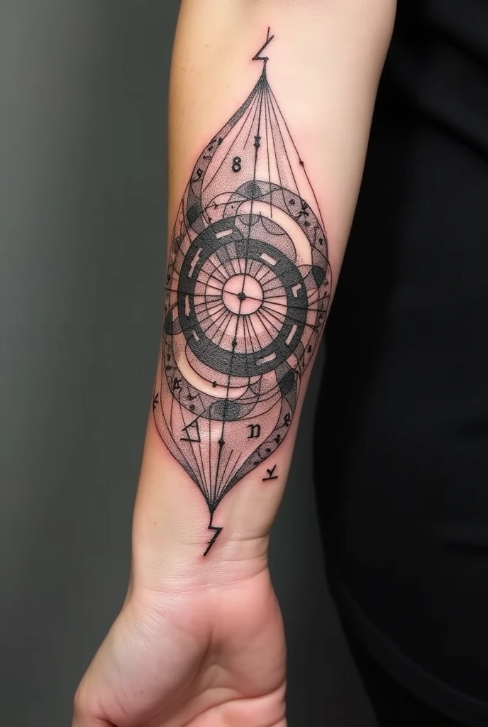 Tattoo design for women to cover a math equation, that it be black in color, for the left forearm and that it gets bigger, that they DO NOT have flowers and that the image is clear