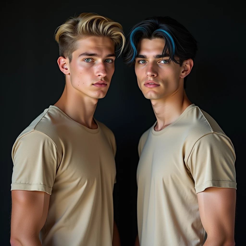 young man (19 years old), dark blonde hair styled back, blue eyes, beige clothing, distinctive facial features, serious look, muscular, stands in front of a black wall, has a twin brother who has black hair with blue streaks