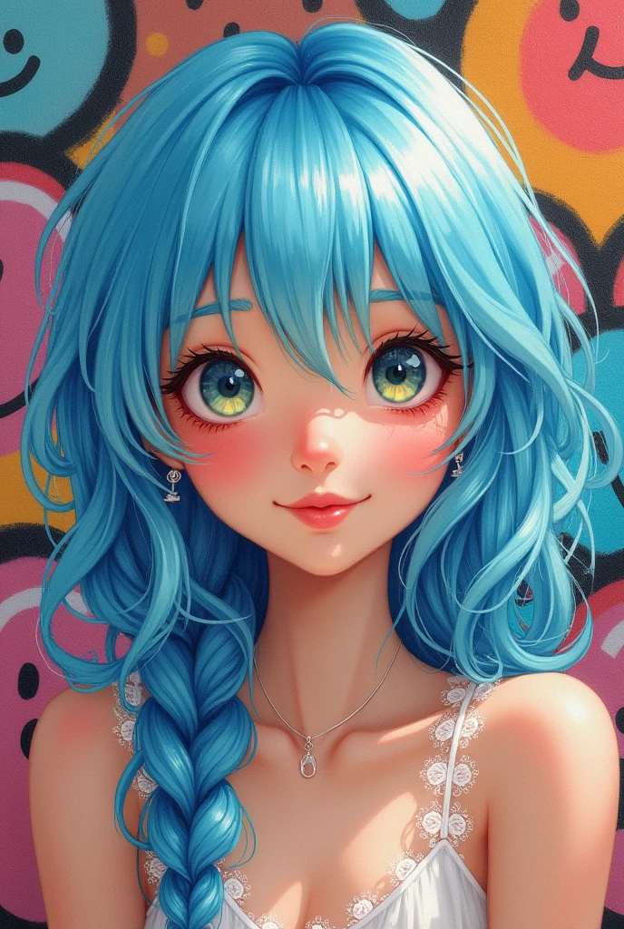 One Woman、Crystal clear light blue hair、Look at me、Highest quality、High resolution、watercolor、Highest quality、On the cheeks「be」Graffiti、cute、Adorable、smile、happiness、20th Generation
