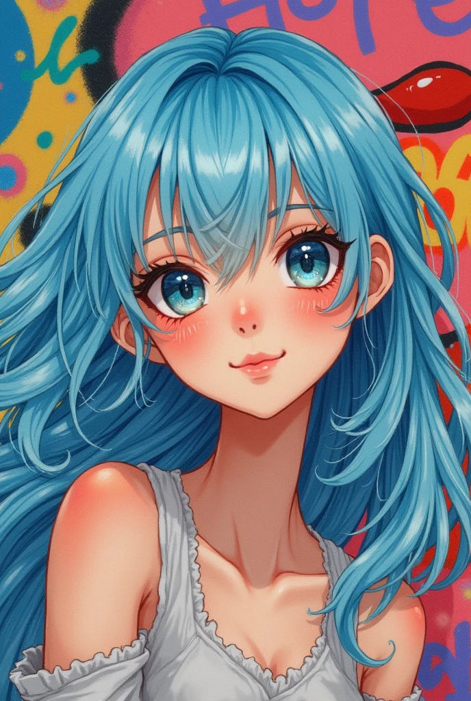 One Woman、Crystal clear light blue hair、Look at me、Highest quality、High resolution、watercolor、Highest quality、On the cheeks「be」Graffiti、cute、Adorable、smile、happiness、20th Generation