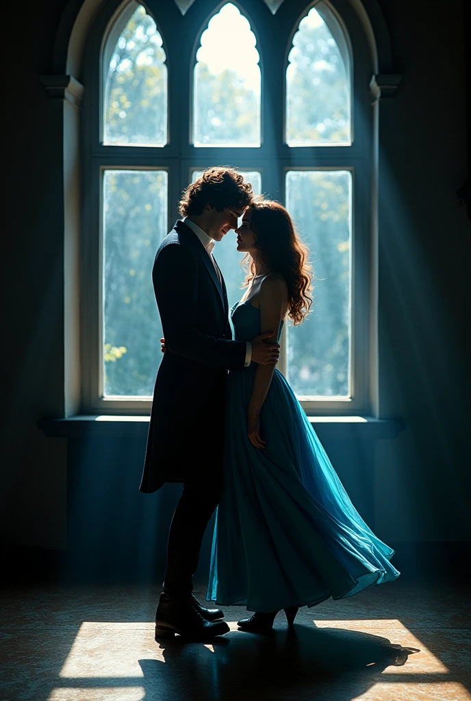 Newt scamander, from harry Potter, dancing in front of a window with a girl with wavy brown hair in a blue dress, dark atmosphere, they are alone.