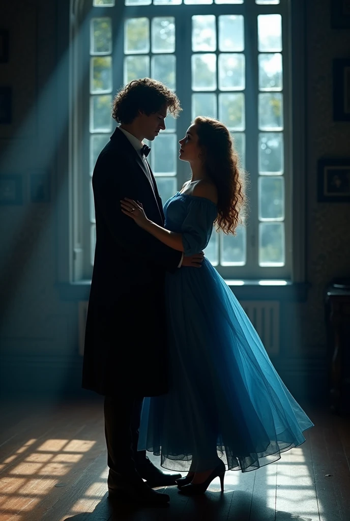 Newt scamander, from harry Potter, dancing in front of a window with a girl with wavy brown hair in a blue dress, dark atmosphere, they are alone.