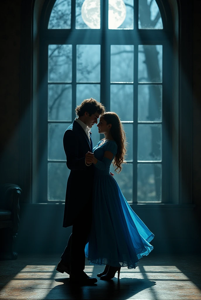 Newt scamander, from harry Potter, dancing in front of a window with a girl with wavy brown hair in a blue dress, dark atmosphere, they are alone.