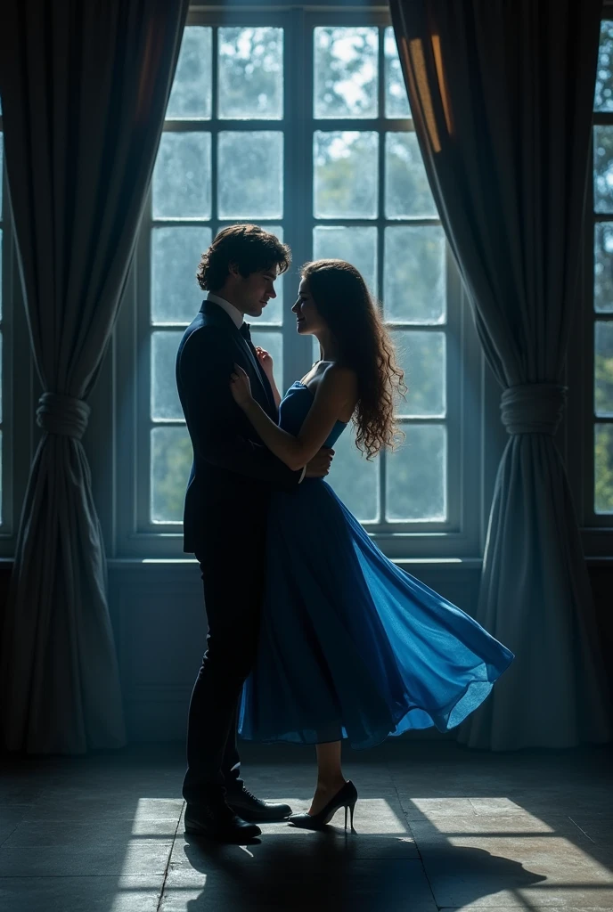 Newt scamander, from harry Potter, dancing in front of a window with a girl with wavy brown hair in a blue dress, dark atmosphere, they are alone.