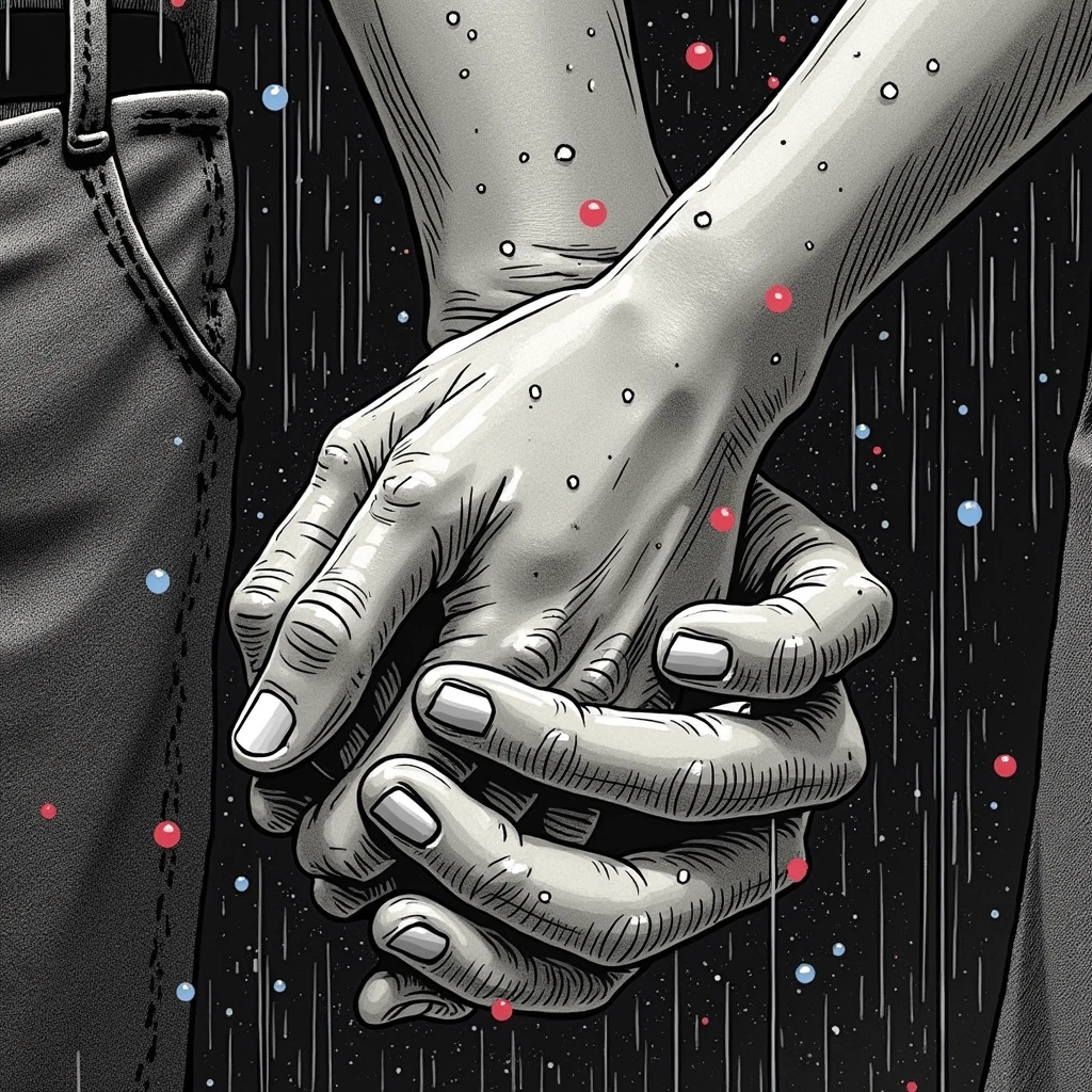 illustrate close up of Popeye and Olive Oyl's hands, clasped lovingly together, A black and white world, Popeye holding the hands of the love of his life Olive Oyl, each drop of rain unleashes a ripple of color, bringing color to this otherise mundane world, color reverberating out from each raindrop as it makes contact with the ground, sublte coloring to enrich the black and white image, rich color grading, sense of depth, shading and shadows