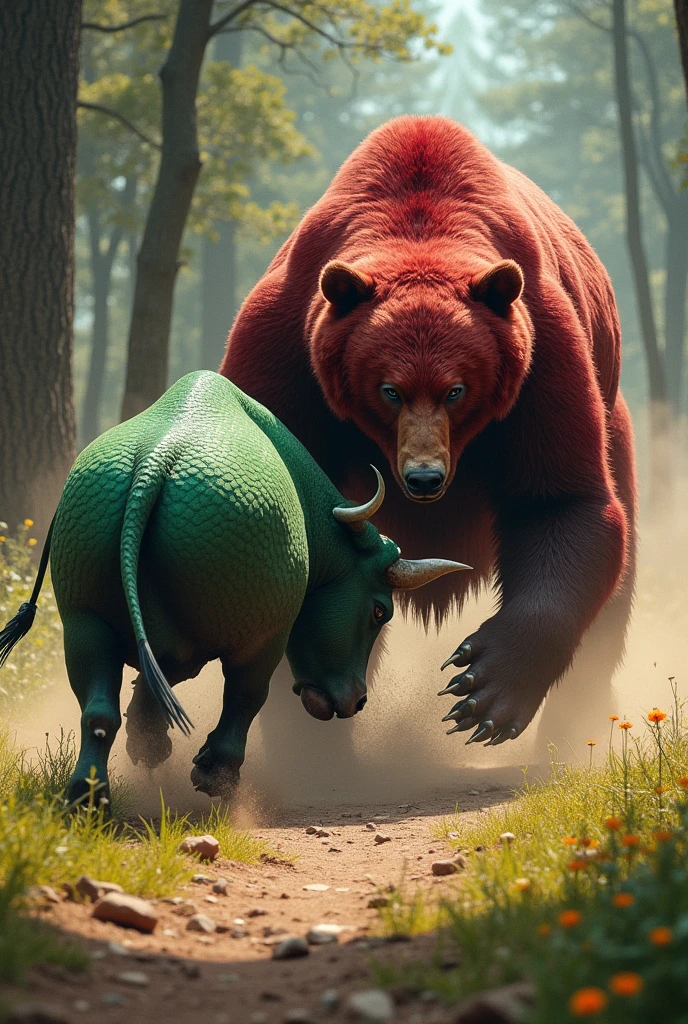 Gree Bull and red bear fighting 
