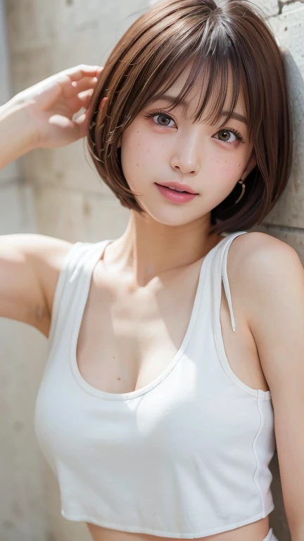 (Bob Cut Hair:1.2),(Wearing a torn white tank top:1.8),1 person,Japanese,21 years old,(Small breasts:1.3),(Highest quality,masterpiece:1.3,Ultra-high resolution,),(Very detailedな,Caustics),(Realistic:1.4,RAW shooting,)Ultra-Realistic Capture,Very detailed,High resolution 16K human skin closeup。 Natural skin texture、,pores、、It needs to be detailed enough to be easily identifiable。 Skin tone is even and healthy looking。 Use natural light and color, Happy expression, Looking into the camera, Perfect dynamic composition, Outdoor、Cleavage、sheer、Earrings、Leaning against the wall、Raise your hand、Armpits、freckles、(Round Glasses)、Twin tails、(erect nipples)