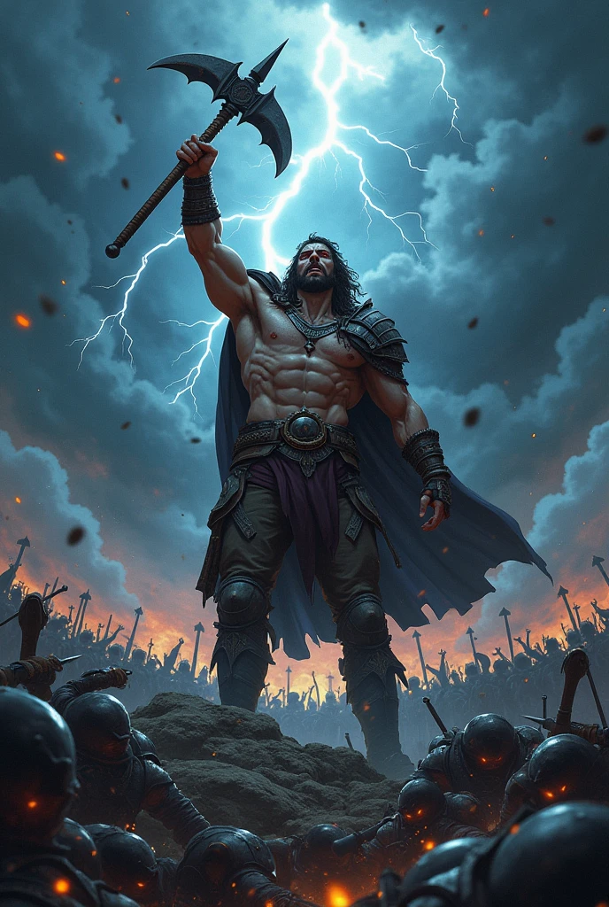 Make a tall warrior man wielding a halberd, On his face, there is an expression of hatred and anguish, He emanates an intimidating and imposing aura. There are countless enemies fallen at his feet.
anime styling. Capa de light novel.