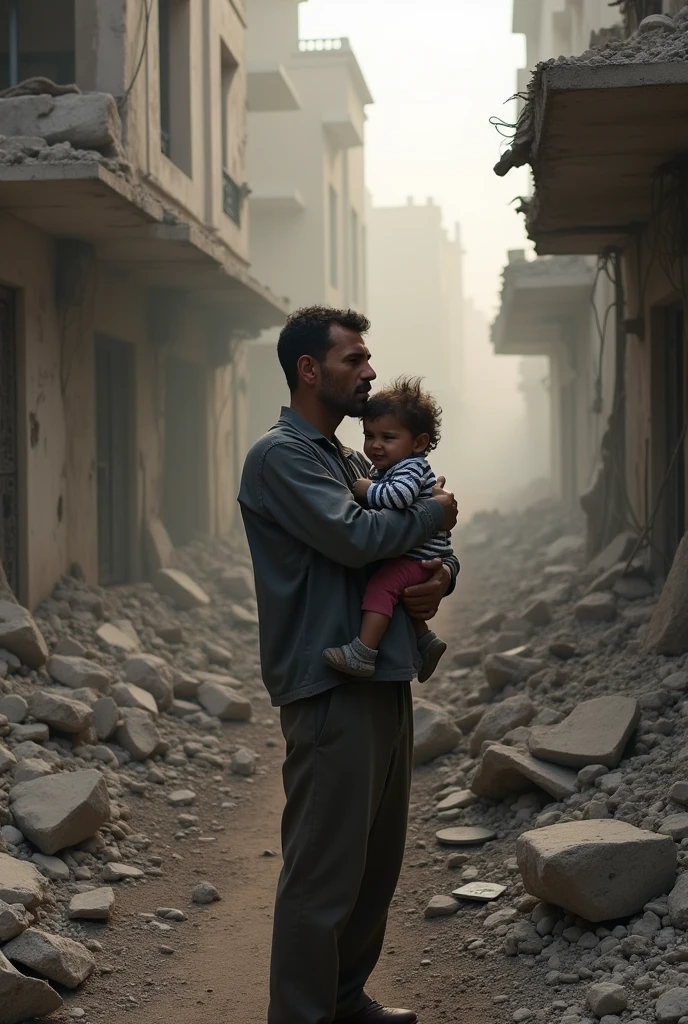 image appears to show the aftermath of a destructive event, likely in a conflict zone. A man is holding a crying child amidst the rubble of what seems to be a collapsed building, with debris and destruction visible all around. The scene suggests a recent attack or bombing in a densely populated area.