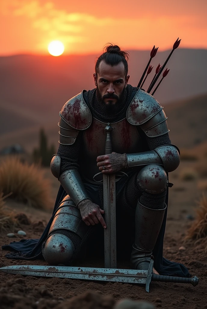 a kneeling knight, with many arrows embedded in his body, worn armor and a broken sword