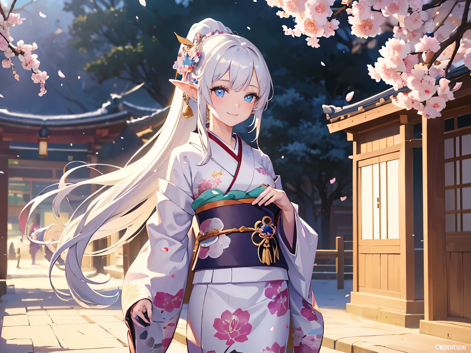 Masterpiece, best quality, UHD, 1girl, elf girl, long white hair, ponytail, blue eyes, detailed eyes, elf ears, (at the sakura tree), sakura petals, ((wearing flowers pattern kimono)), smiling, spread her hands, turn around, walking, colourfull background, 4k, beauty scenery, cinematic lighting, volumetric lighting, warm lighting