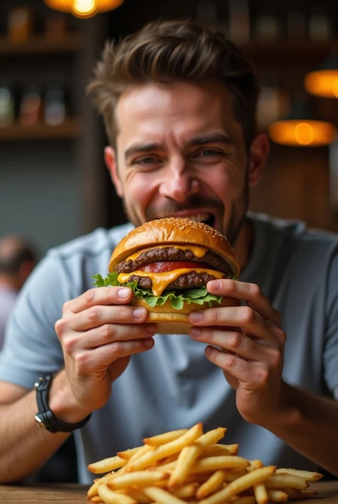 Man eating a delicious burger