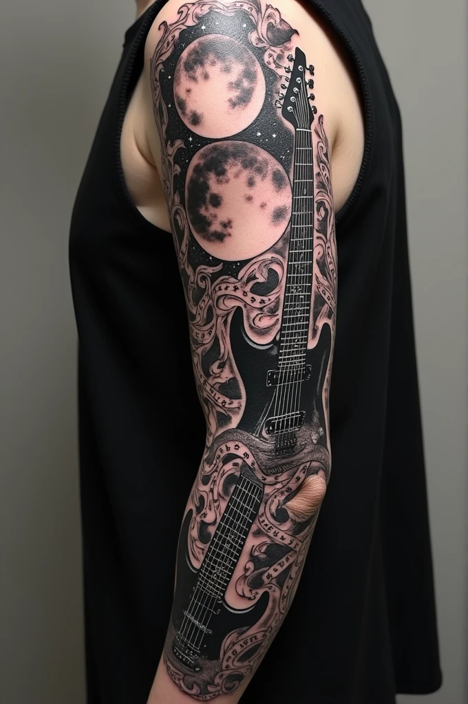 A full arm tattoo in blackwork that is representing my life, representing music hobby, metal music, depression, a crescent moon inside, friendship, concerts 